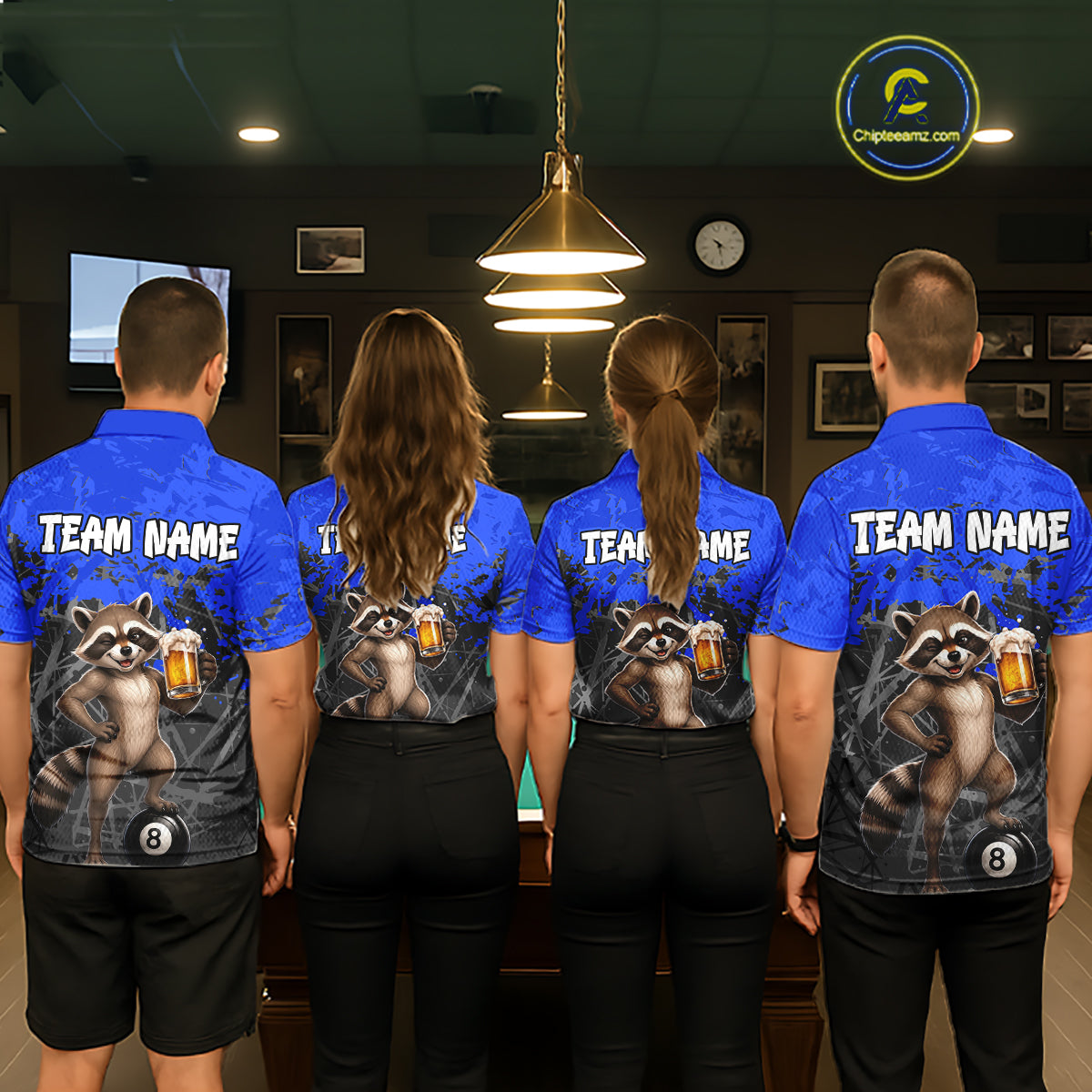 Custom Blue Funny Raccoon with Beer Billiard Shirt 8 Ball Billiard Jersey for Men Pool Shirt BHT117