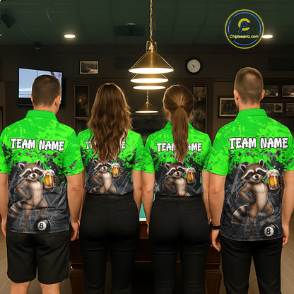 Custom Green Funny Raccoon with Beer Billiard Shirt 8 Ball Billiard Jersey for Men Pool Shirt BHT117