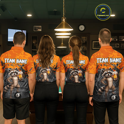 Custom Orange Funny Raccoon with Beer Billiard Shirt 8 Ball Billiard Jersey for Men Pool Shirt BHT117
