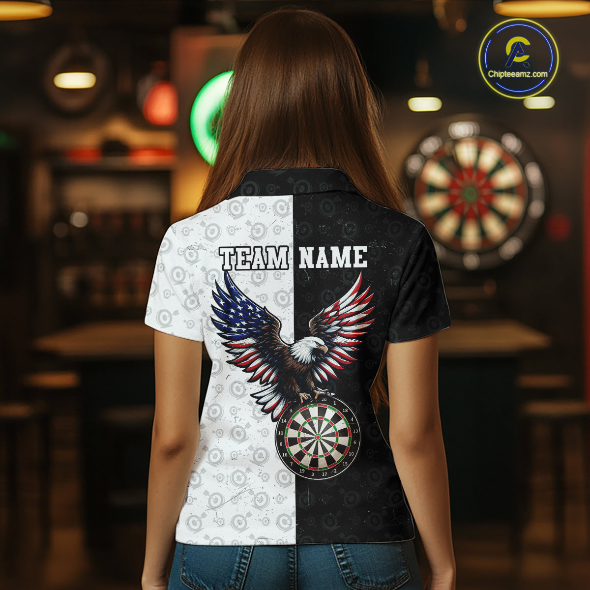 Black & White Dart Shirt American Flag Dart Team Jersey for Women Eagle Dart Shirts Dartboard Jersey DHT63