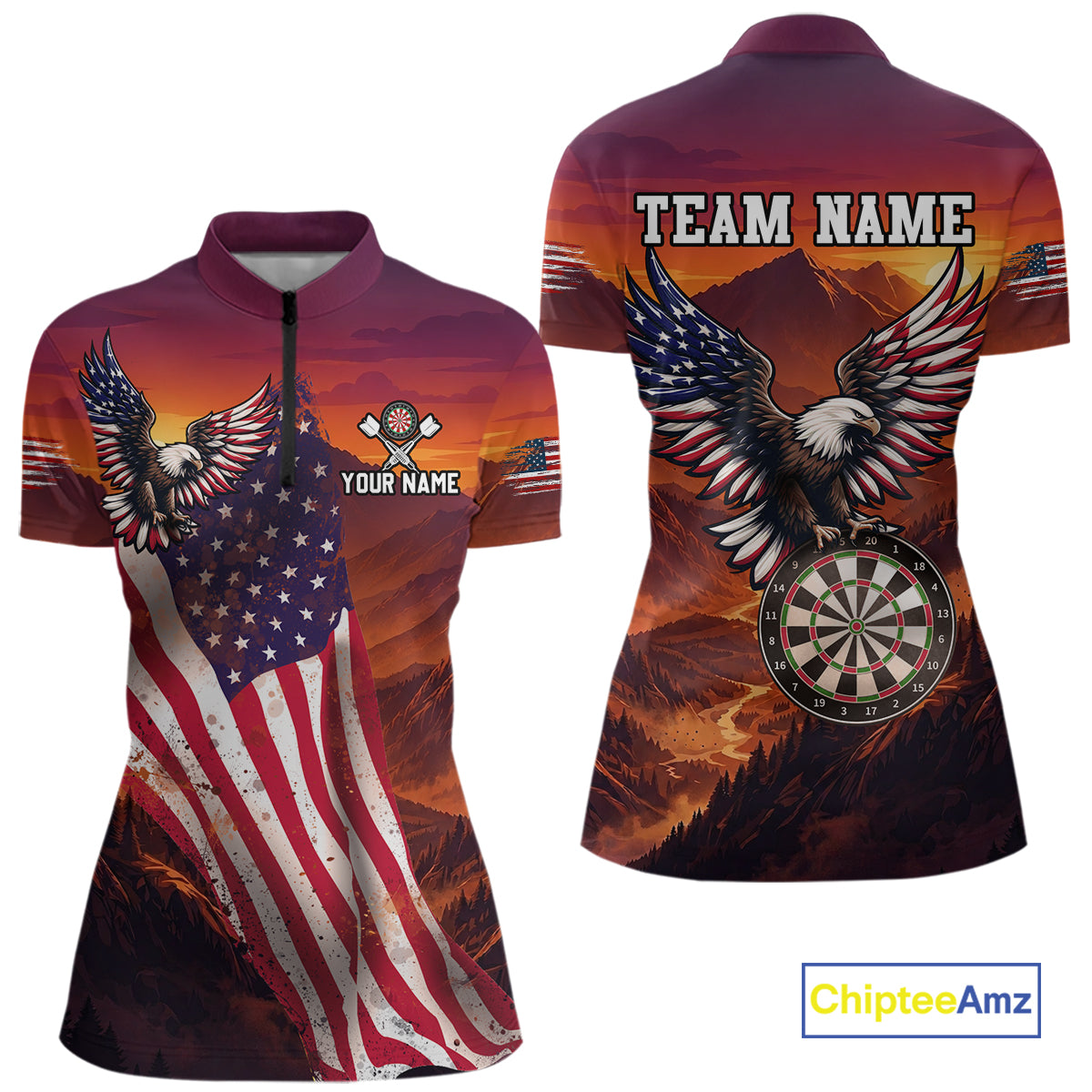 Sunset Tropical Dart Shirt American Flag Eagle for Women Dart Team Jersey Polo & Quarter-Zip DHT64