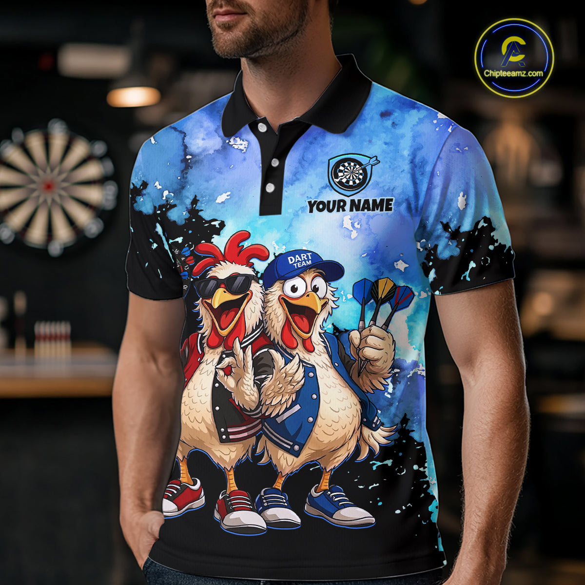 Custom Blue Funny Chicken Dart Shirts Buddy Dart Jersey for Men Dartboard Shirt DHT65