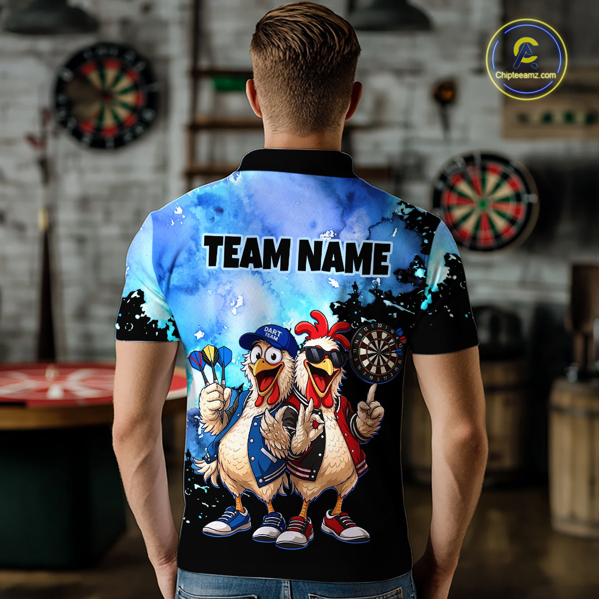 Custom Blue Funny Chicken Dart Shirts Buddy Dart Jersey for Men Dartboard Shirt DHT65