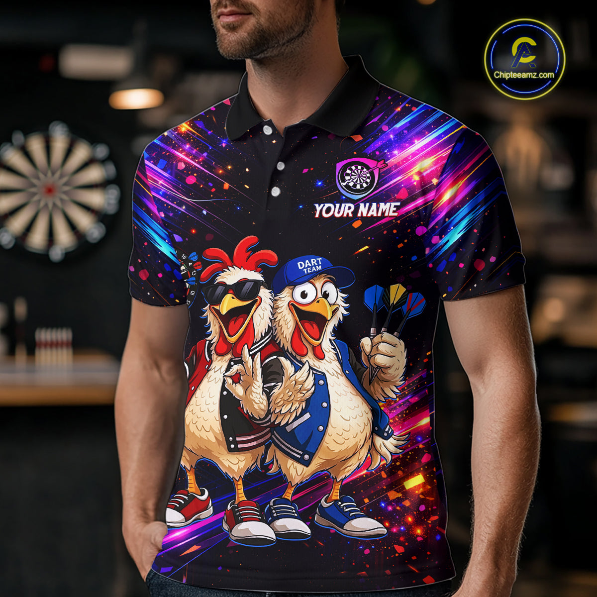 Custom Neon Colorful Funny Chicken Dart Shirts Buddy Dart Jersey for Men Dartboard Shirt DHT66