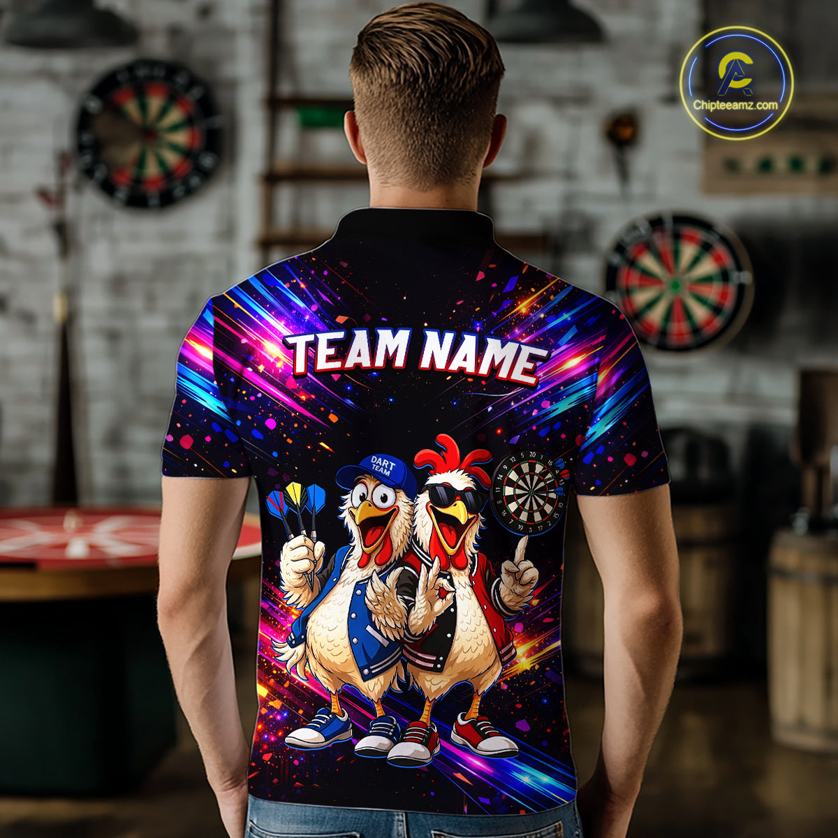 Custom Neon Colorful Funny Chicken Dart Shirts Buddy Dart Jersey for Men Dartboard Shirt DHT66