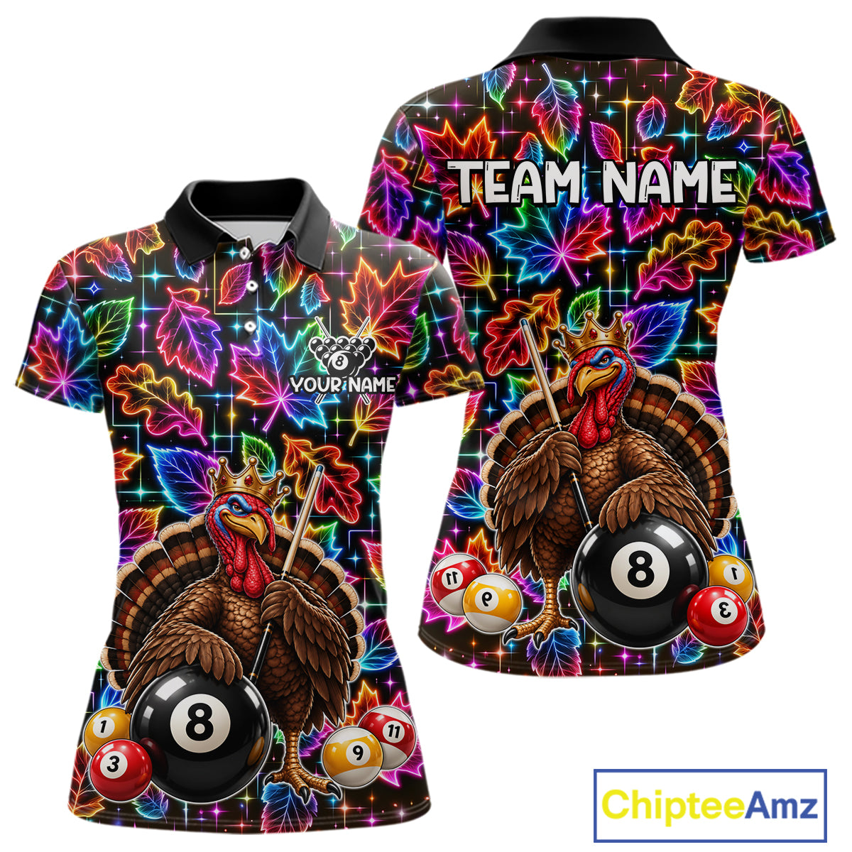 Custom Funny Turkey 8 Ball Billiard Shirts for Women Team Neon Autumn Pool Jersey BHT135