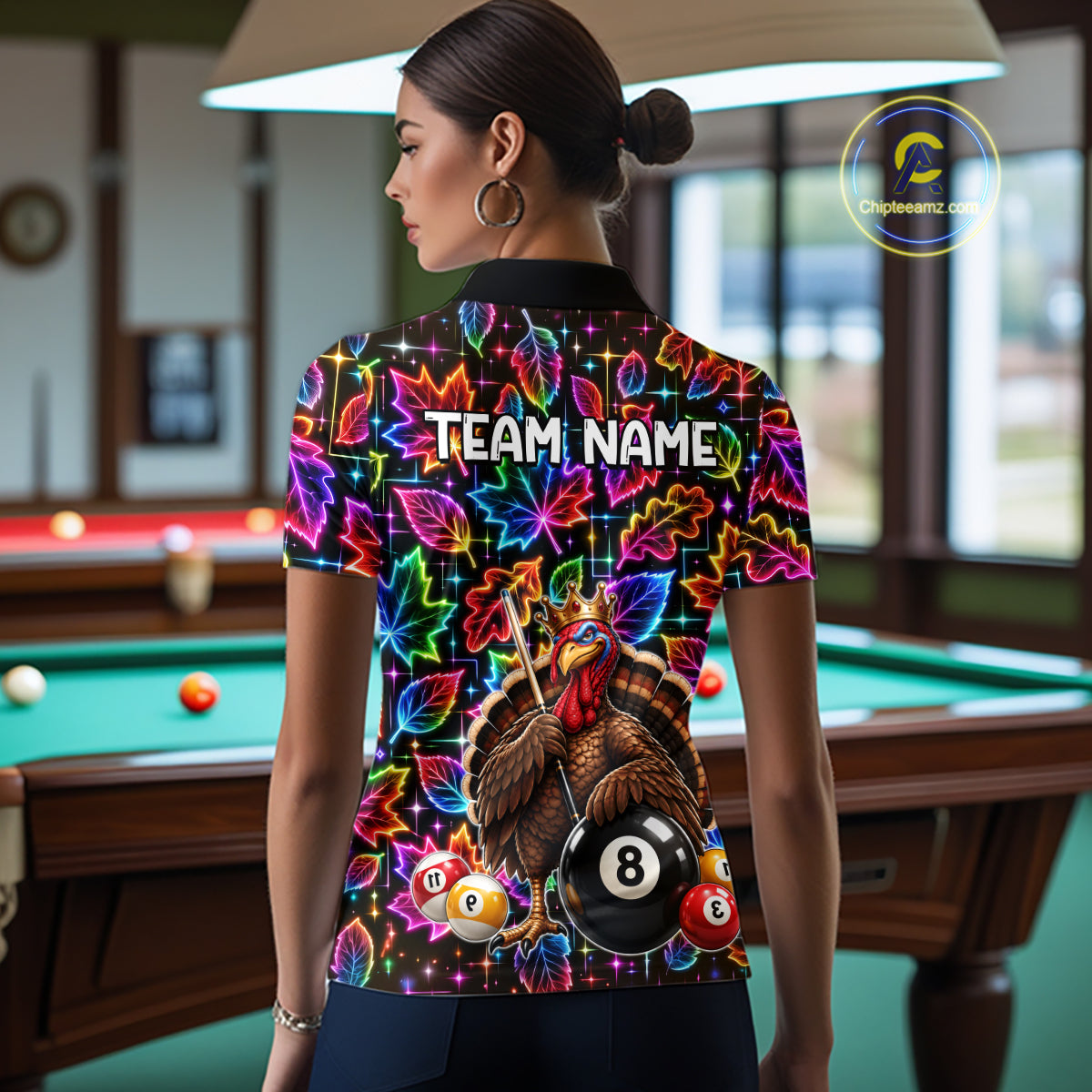 Custom Funny Turkey 8 Ball Billiard Shirts for Women Team Neon Autumn Pool Jersey BHT135