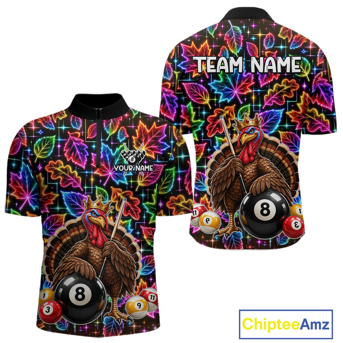 Custom Funny Turkey 8 Ball Billiard Shirts for Men Team Neon Autumn Pool Jersey BHT135