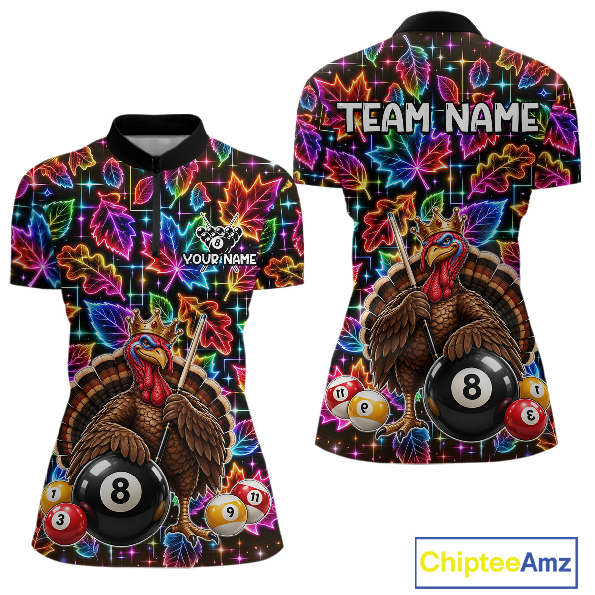 Custom Funny Turkey 8 Ball Billiard Shirts for Women Team Neon Autumn Pool Jersey BHT135