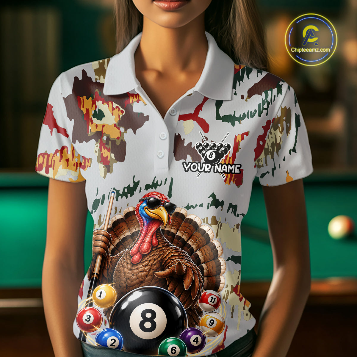 Custom Funny Turkey 8 Ball Billiard Shirts for Women Team Colorful Pool Jersey BHT136