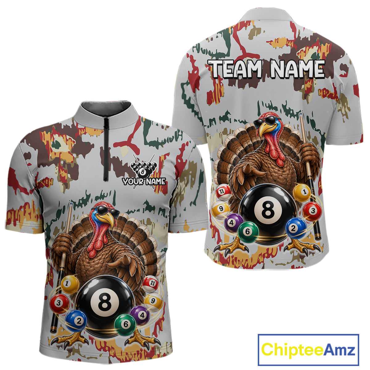 Custom Funny Turkey 8 Ball Billiard Shirts for Men Team Colorful Pool Jersey BHT136