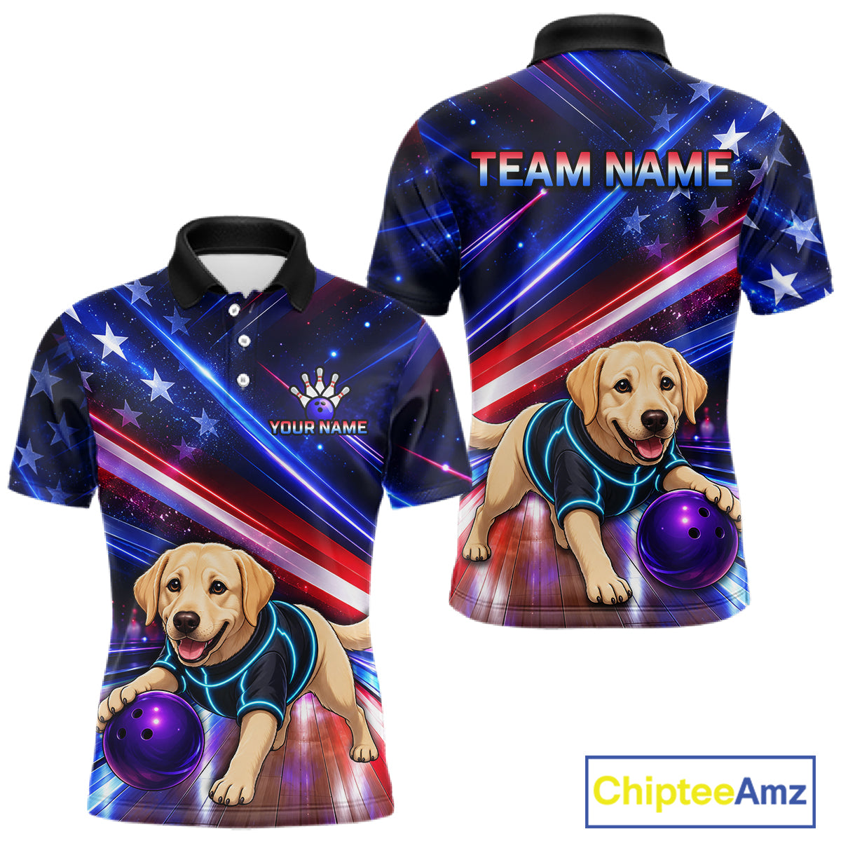 Custom American Flag Funny Labrador Retriever Bowling Shirt for Men Bowling Jersey Polo & 1/4 Zip QZT1382