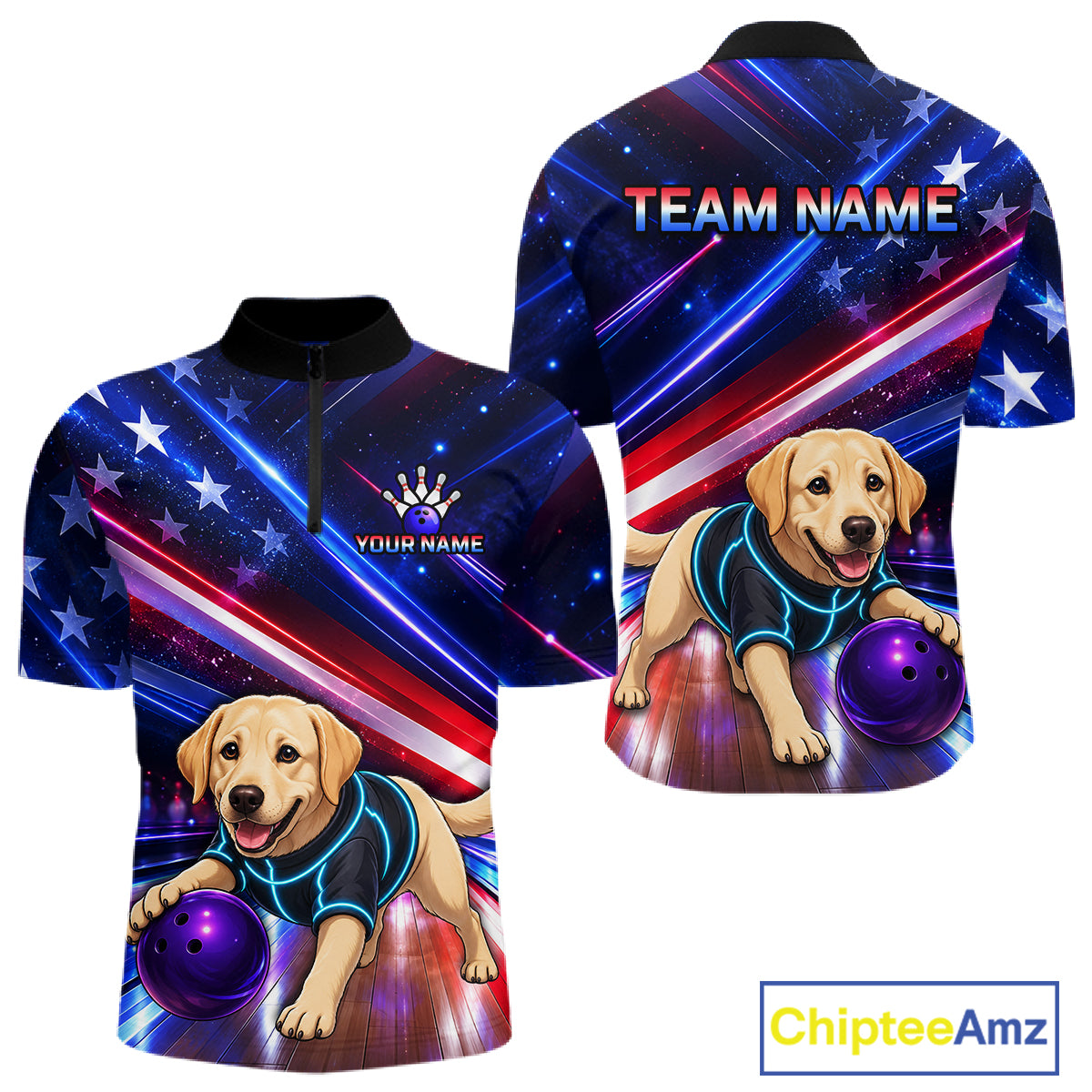 Custom American Flag Funny Labrador Retriever Bowling Shirt for Men Bowling Jersey Polo & 1/4 Zip QZT1382