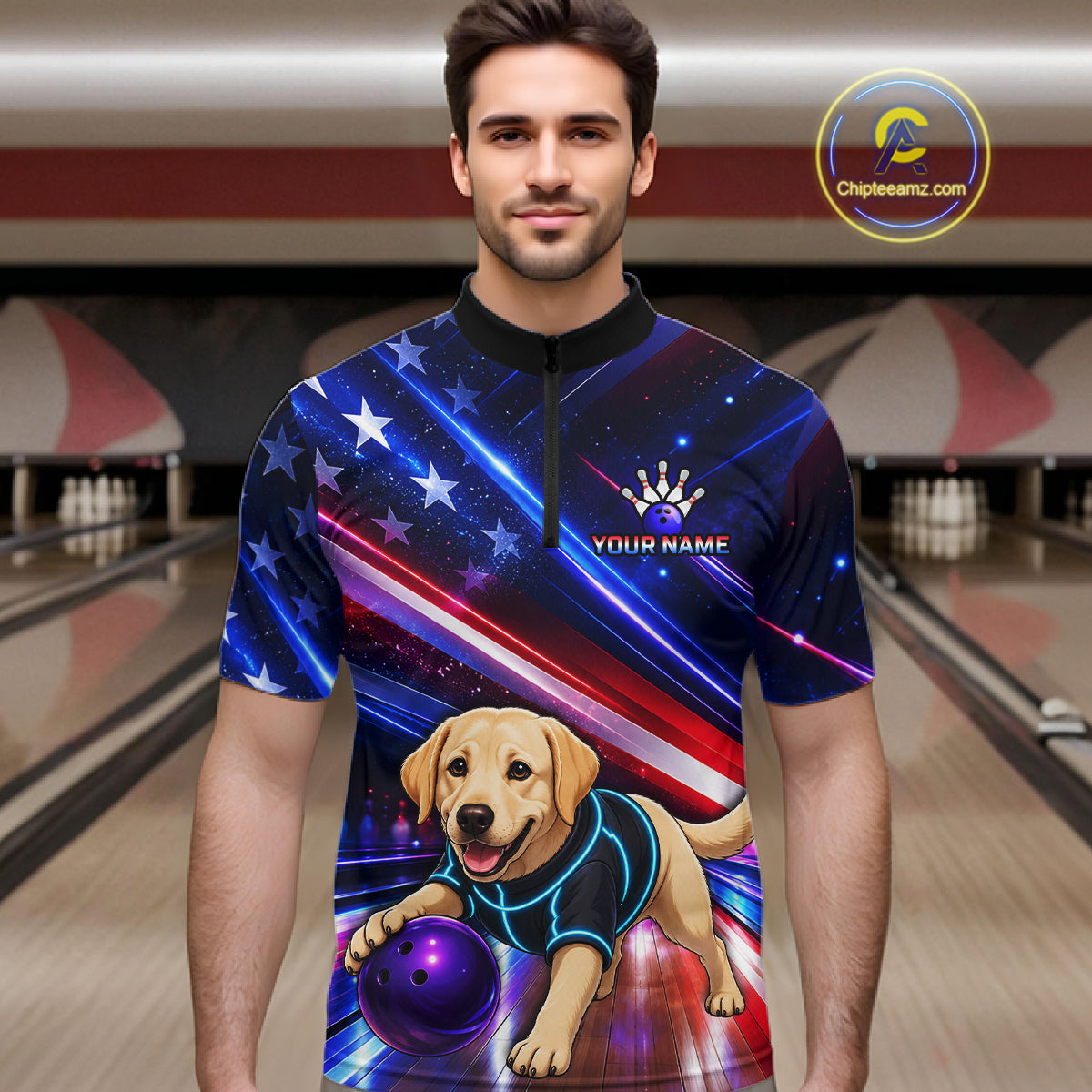 Custom American Flag Funny Labrador Retriever Bowling Shirt for Men Bowling Jersey Polo & 1/4 Zip QZT1382