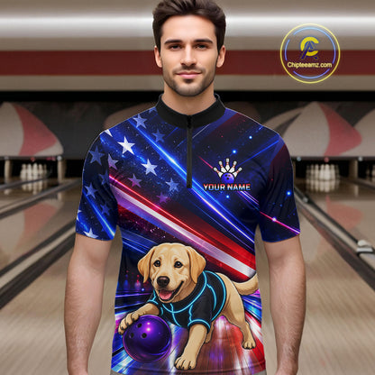 Custom American Flag Funny Labrador Retriever Bowling Shirt for Men Bowling Jersey Polo & 1/4 Zip QZT1382