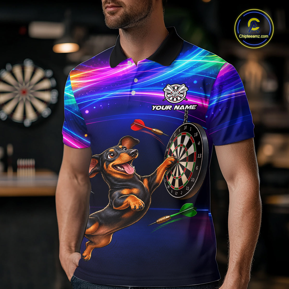 Custom Colorful Funny Dachshund Darts Shirt for Men Dartboard League Jersey Polo & Quarter-Zip DHT93