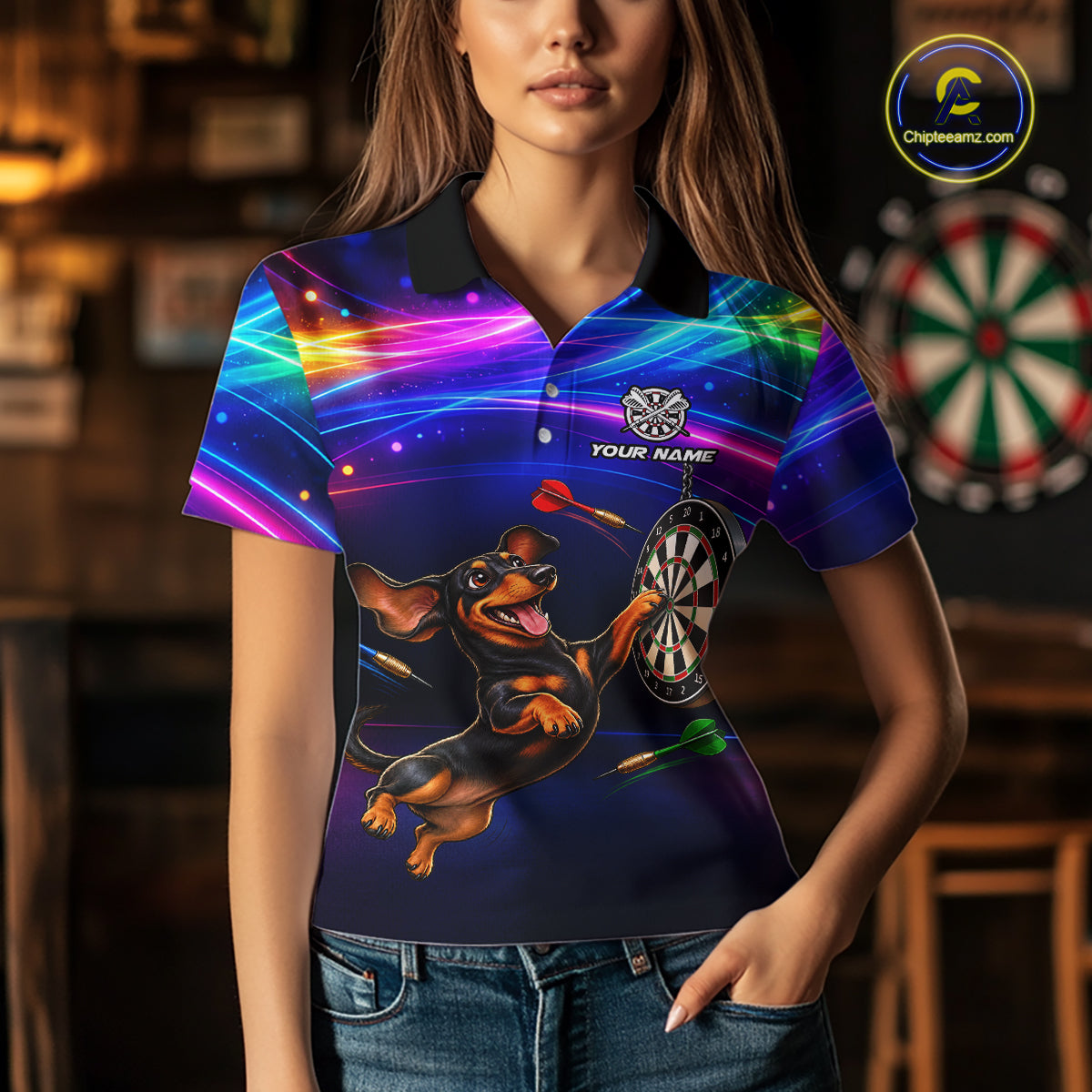 Custom Colorful Funny Dachshund Darts Shirt for Women Dartboard League Jersey Polo & Quarter-Zip DHT93