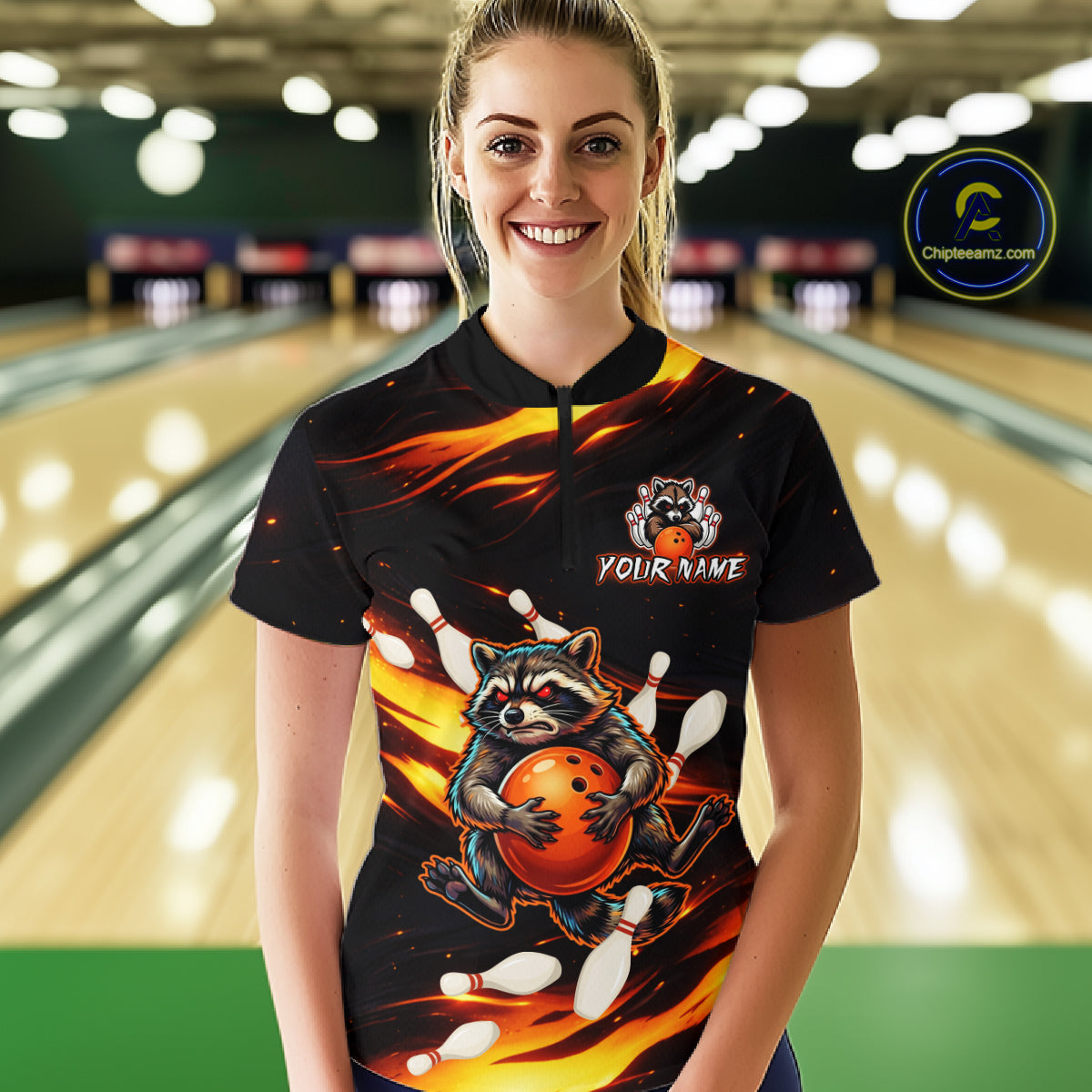 Custom Orange Funny Raccoon Bowling Shirt for Women Bowling Jersey Polo & Quarter-Zip Bowling Outfit QZT969