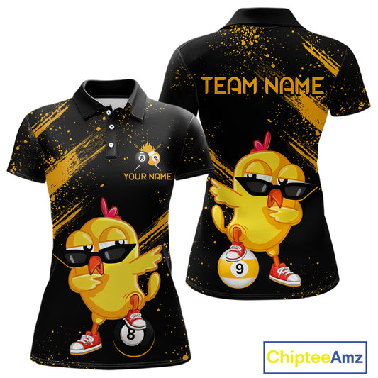 Black polo shirt with cartoon chicken design and customizable text on a white background
