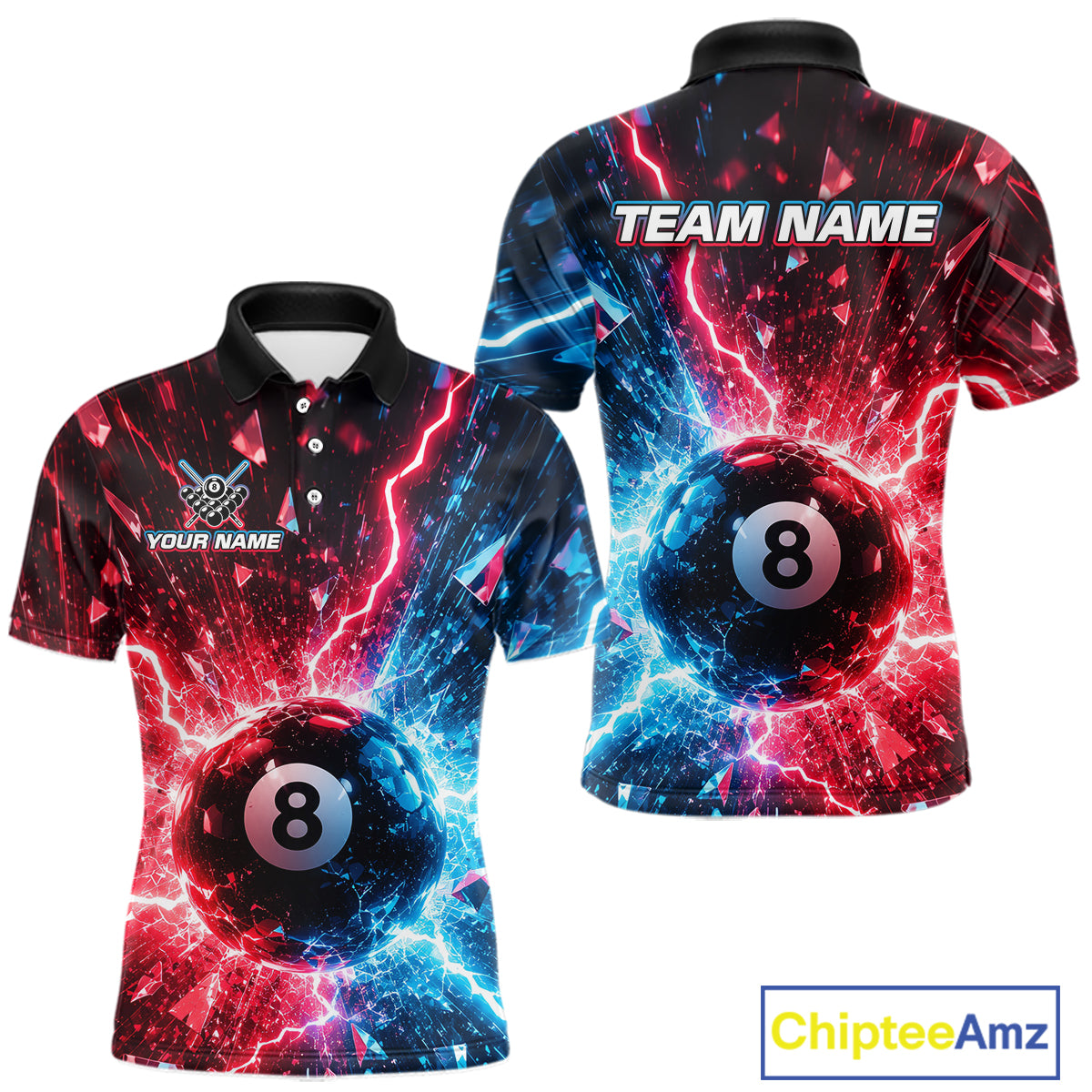 Polo shirt with 8-ball design and customizable text on a white background