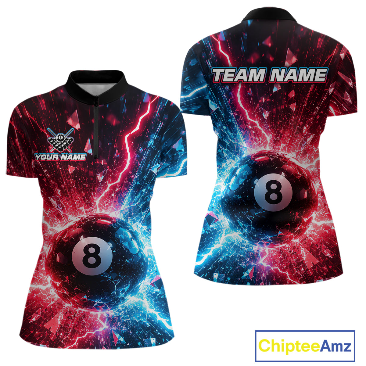 Two views of quarter-zip shirts with a pool ball design and 'Team Name' text.