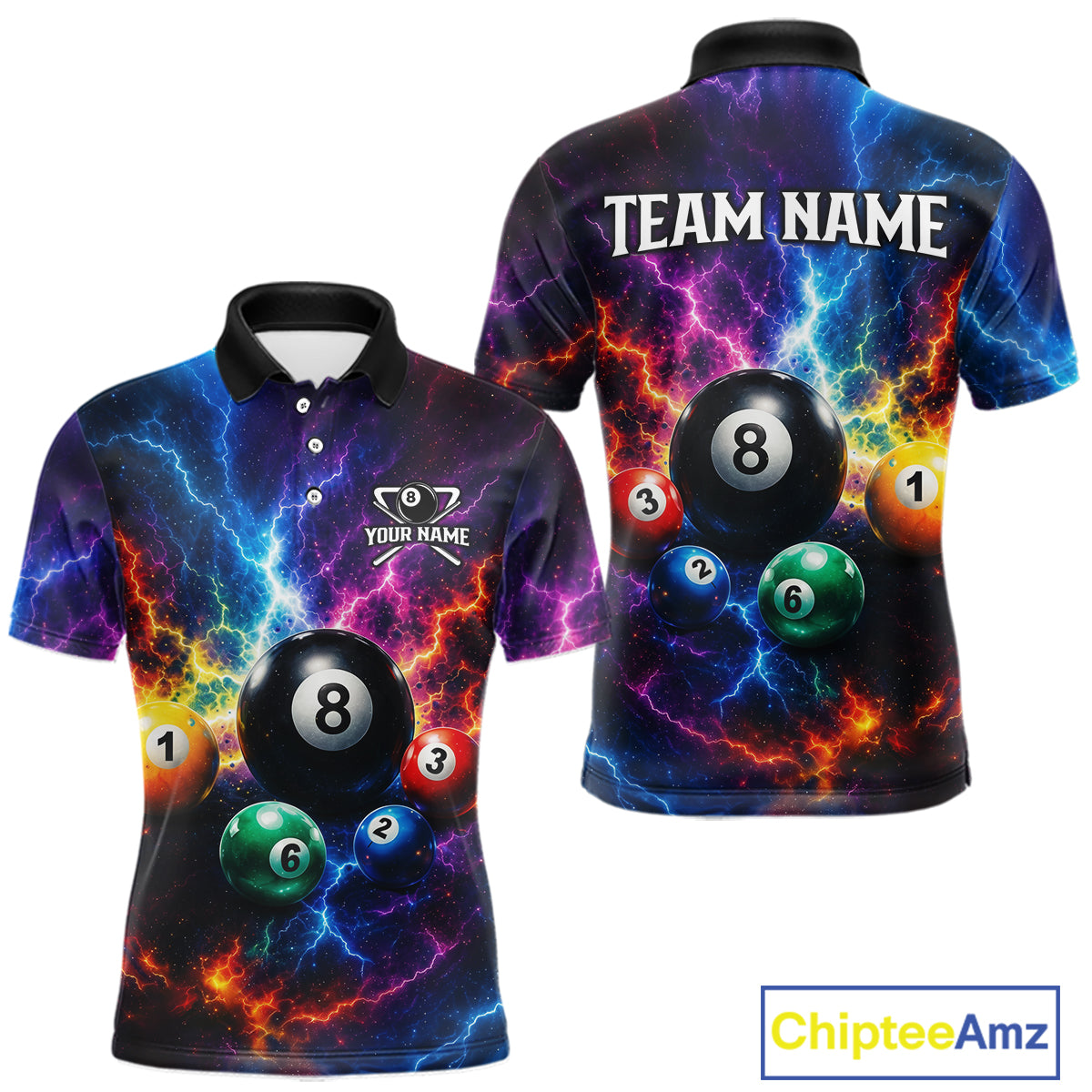 Colorful polo shirt with billiard ball design on a white background