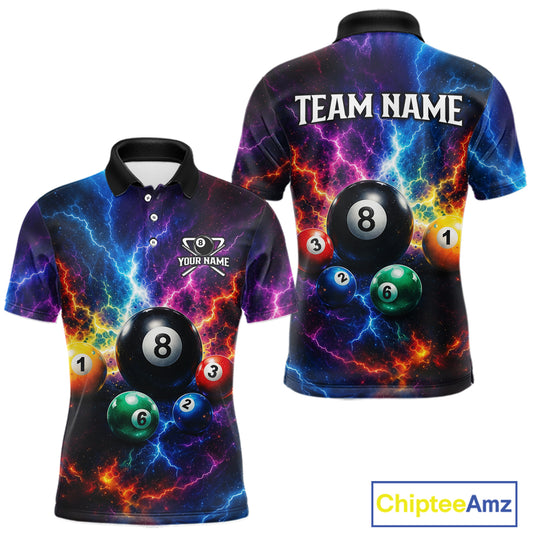 Colorful polo shirt with billiard ball design on a white background