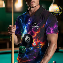 Load image into Gallery viewer, Man wearing a colorful pool-themed shirt holding a pool cue and balls on a pool table.