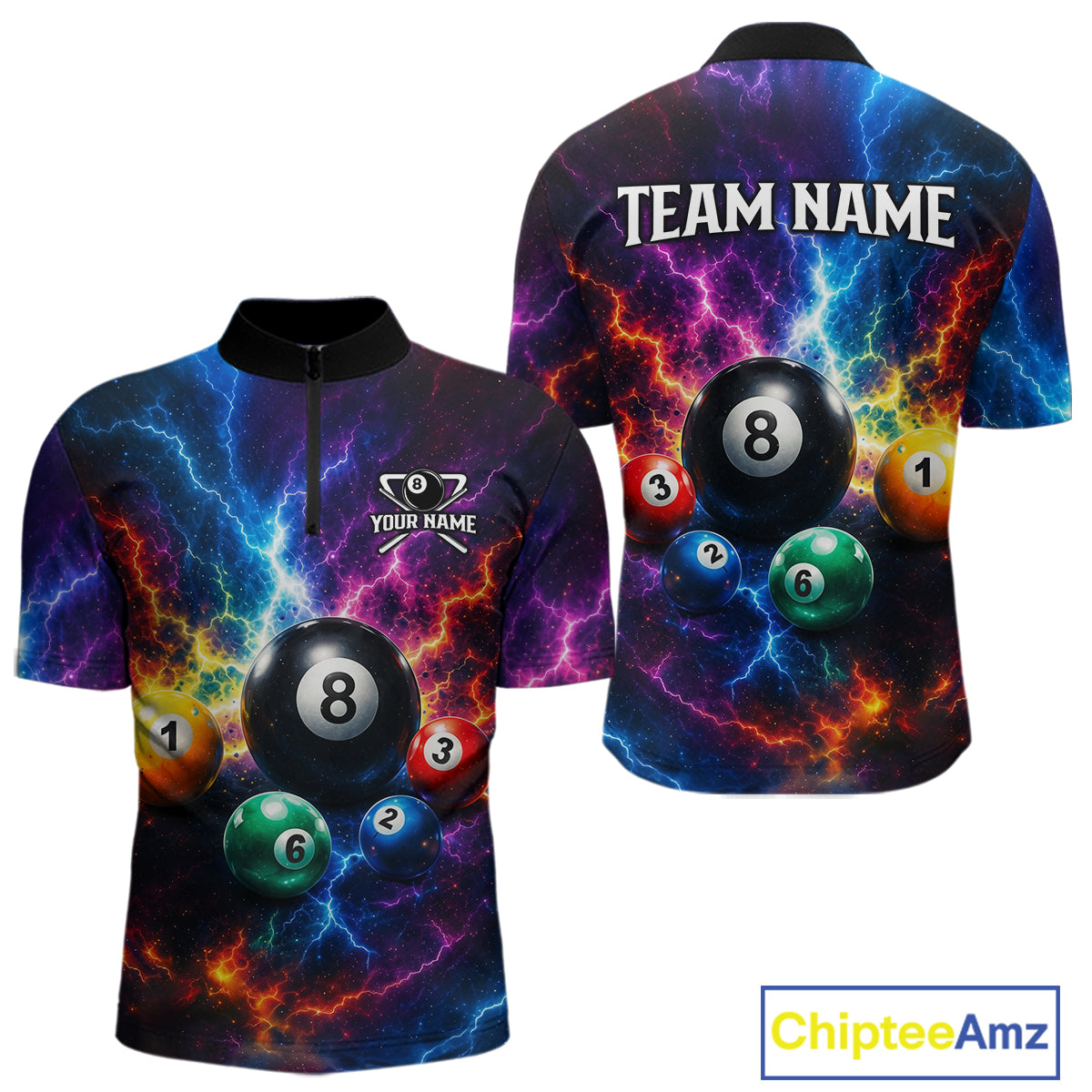 Colorful bowling shirt with billiard ball design on a white background