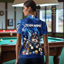 Load image into Gallery viewer, Person wearing a blue sports jersey with a cat graphic and 'TEAM NAME' text in a pool hall.