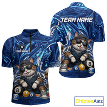 Load image into Gallery viewer, Blue sports jersey with a cat playing pool design, customizable text, and brand 'Chiptee Amz' visible.