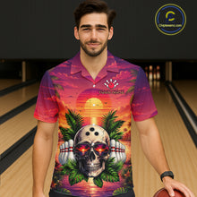 Load image into Gallery viewer, Man wearing a colorful shirt with a skull design in a bowling alley.