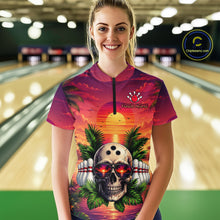 Load image into Gallery viewer, Woman wearing a colorful bowling shirt with a skull design in a bowling alley.