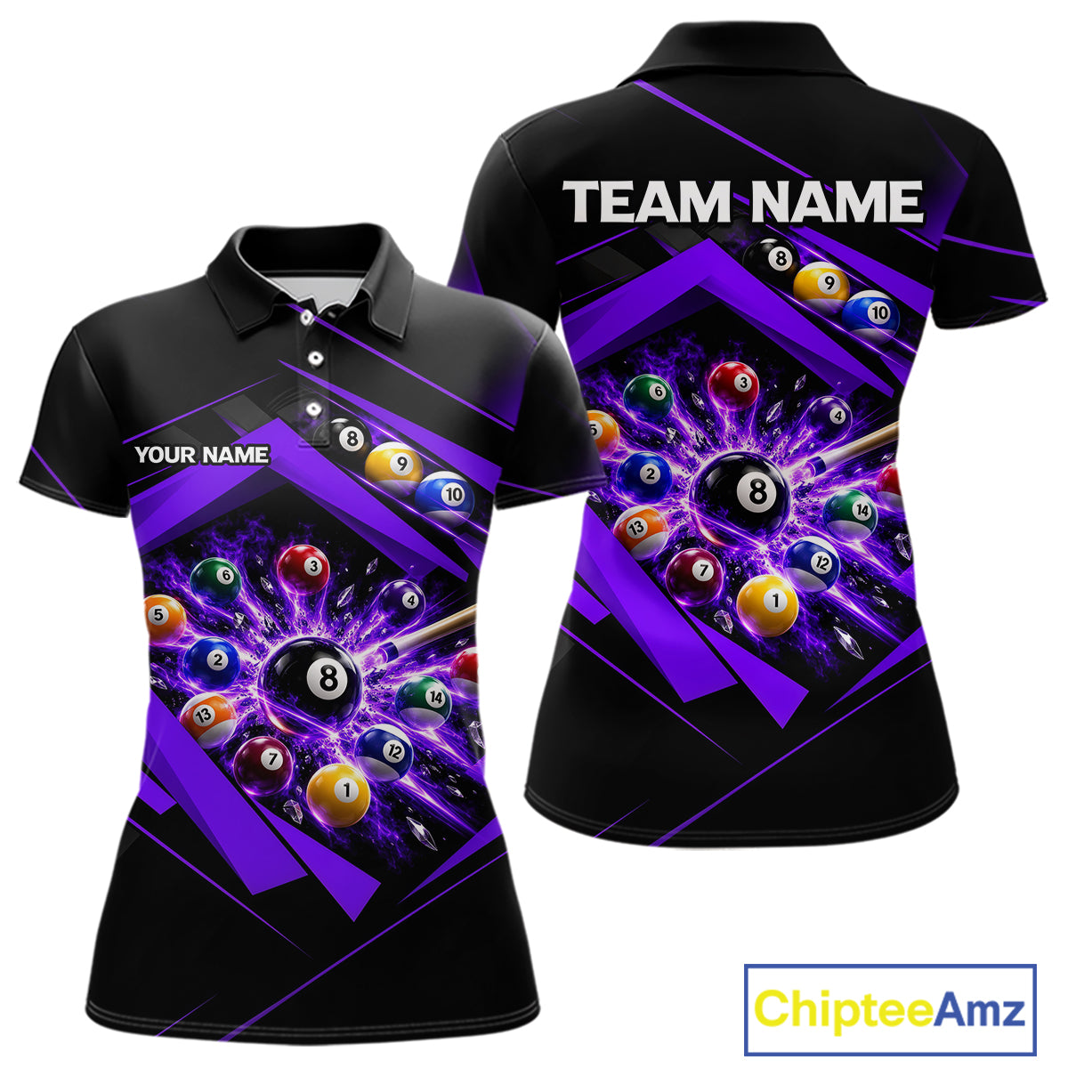 Custom Black Purple Billiard Shirt for Women 8 Ball Pool League Jersey Polo & 1/4-Zip BHT168