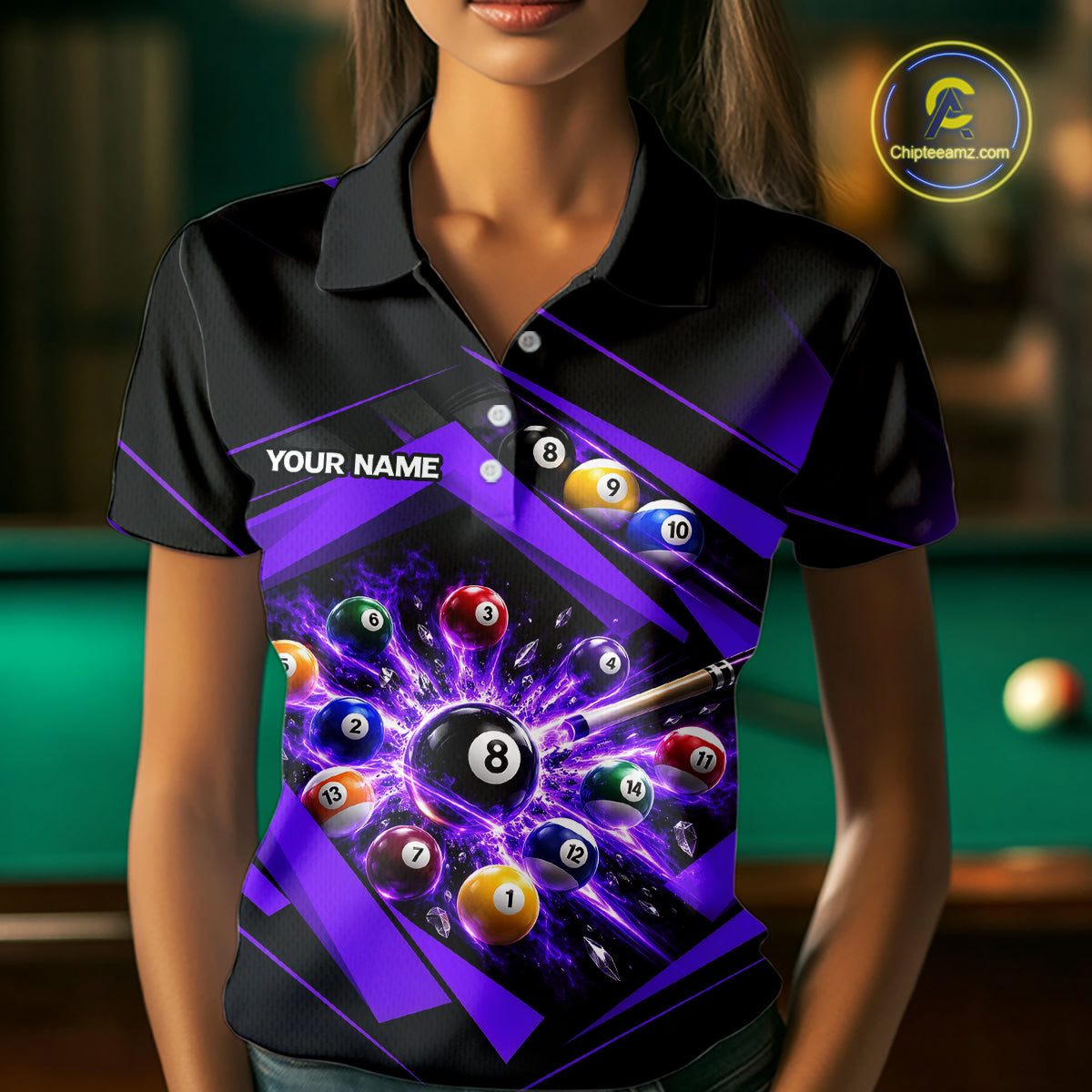 Custom Black Purple Billiard Shirt for Women 8 Ball Pool League Jersey Polo & 1/4-Zip BHT168