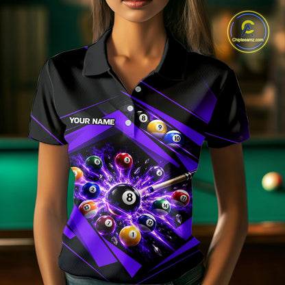 Custom Black Purple Billiard Shirt for Women 8 Ball Pool League Jersey Polo & 1/4-Zip BHT168