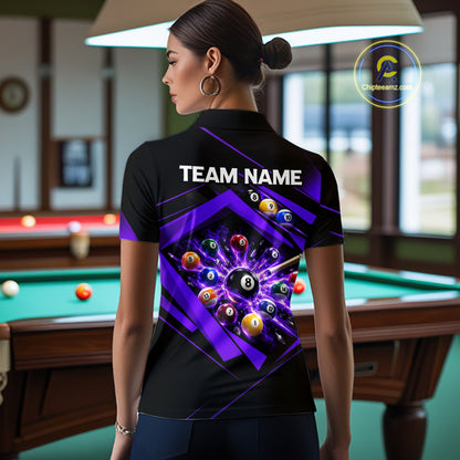 Custom Black Purple Billiard Shirt for Women 8 Ball Pool League Jersey Polo & 1/4-Zip BHT168