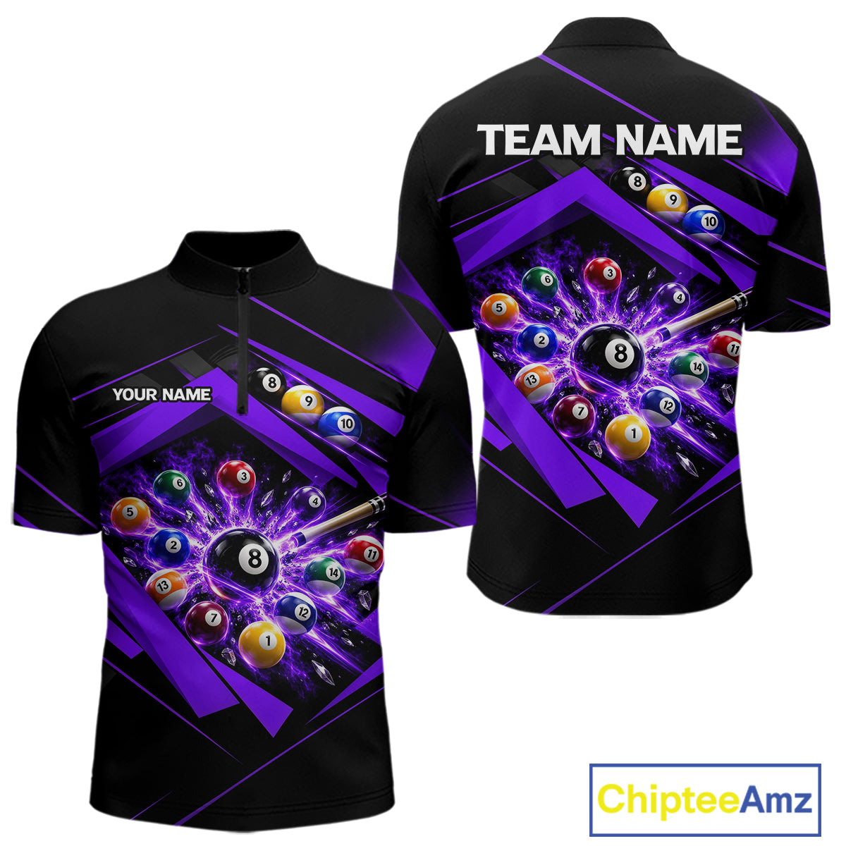 Custom Black Purple Billiard Shirt for Men 8 Ball Pool League Jersey Polo & 1/4-Zip BHT168