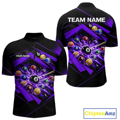 Custom Black Purple Billiard Shirt for Men 8 Ball Pool League Jersey Polo & 1/4-Zip BHT168