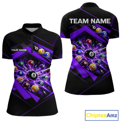 Custom Black Purple Billiard Shirt for Women 8 Ball Pool League Jersey Polo & 1/4-Zip BHT168