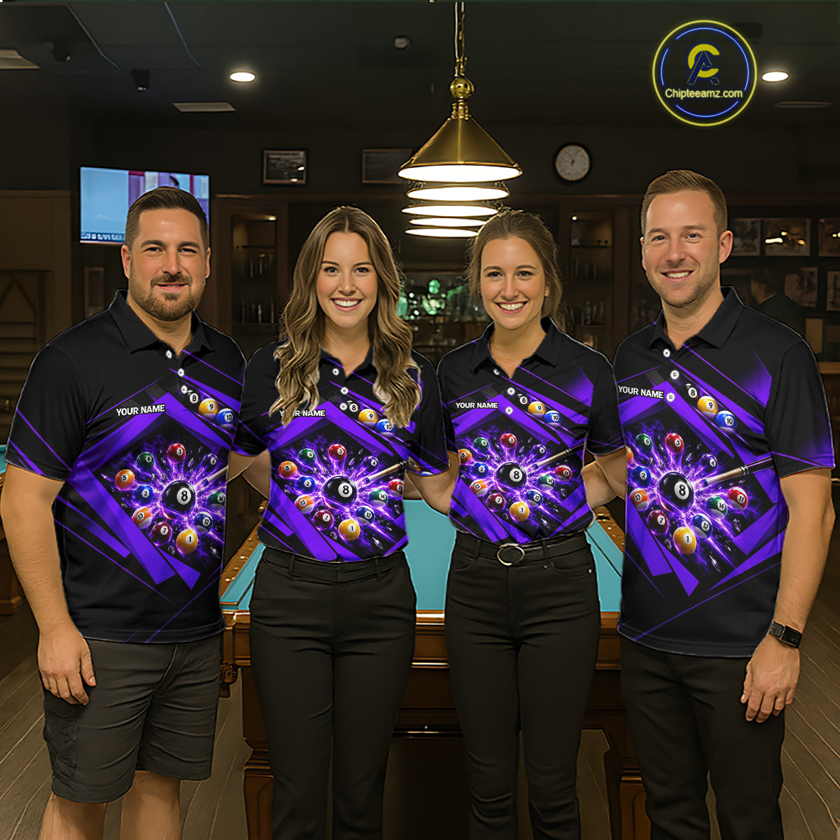 Custom Black Purple Billiard Shirt for Women 8 Ball Pool League Jersey Polo & 1/4-Zip BHT168