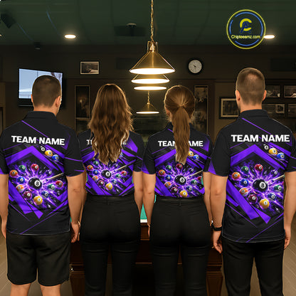 Custom Black Purple Billiard Shirt for Women 8 Ball Pool League Jersey Polo & 1/4-Zip BHT168