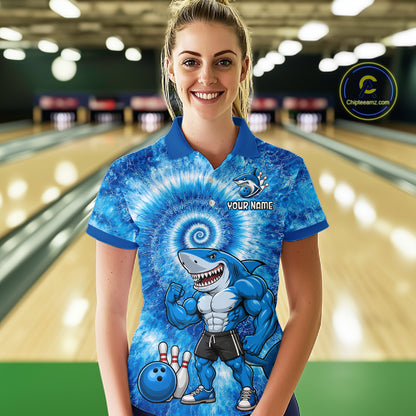 Custom Tie Dye Shark Bowling Shirt for Women Funny Bowling Team Jersey Polo & 1/4 Zip QZT1004