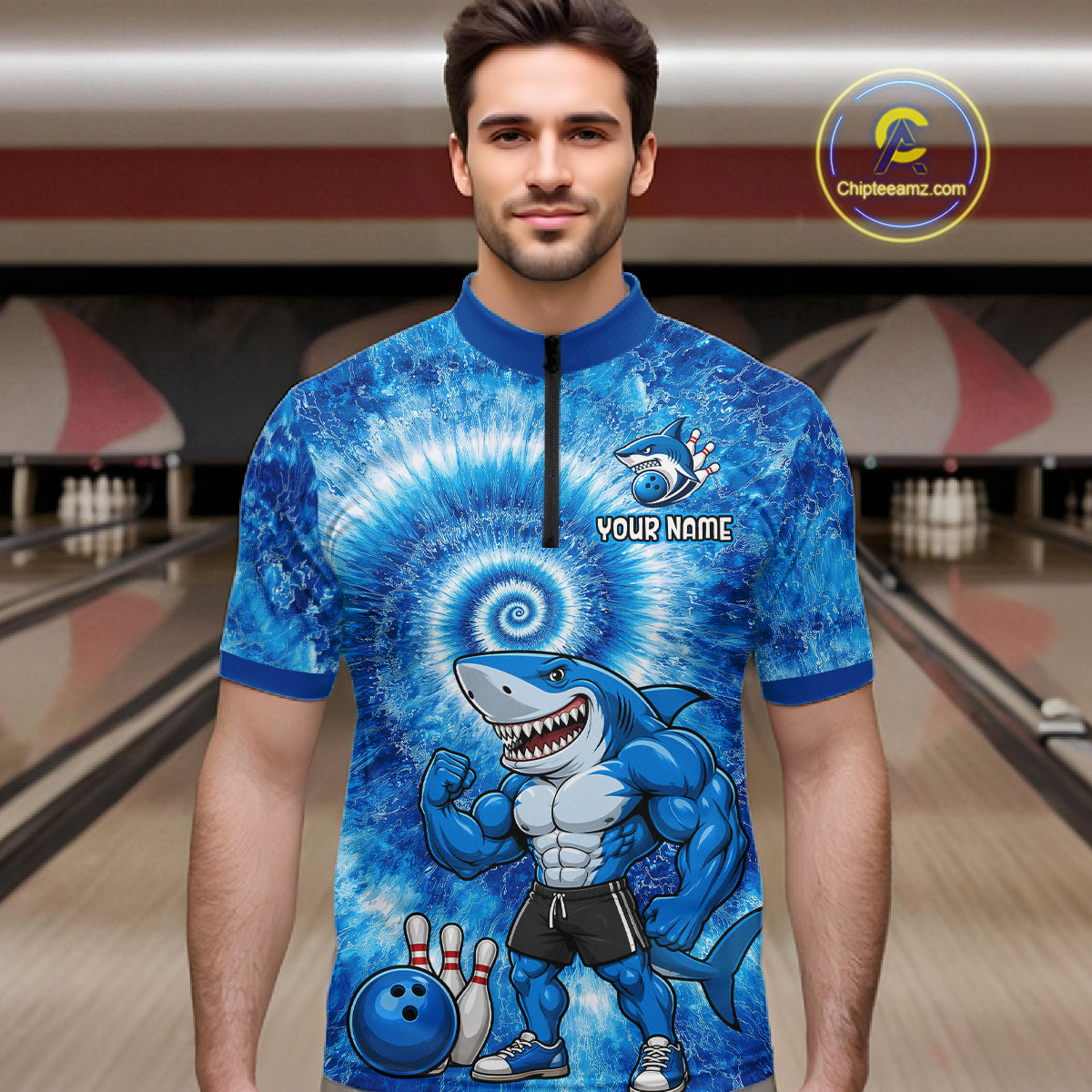 Custom Tie Dye Shark Bowling Shirt for Men Funny Bowling Team Jersey Polo & 1/4 Zip QZT1004
