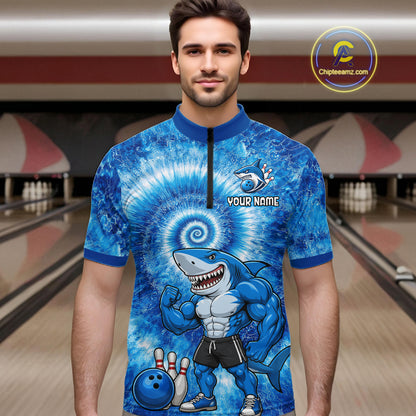 Custom Tie Dye Shark Bowling Shirt for Men Funny Bowling Team Jersey Polo & 1/4 Zip QZT1004