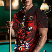 Load image into Gallery viewer, Person wearing a black and red polo shirt with a lobster and pool ball design, holding a pool cue.