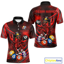 Load image into Gallery viewer, Polo shirt with lobster design and pool balls on a red and black background, featuring 'Chiptee Amz' branding.