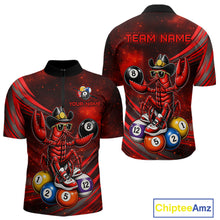 Load image into Gallery viewer, Red and black sports jersey with crawfish design and billiard balls, customizable text on a white background.