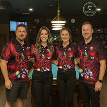 Load image into Gallery viewer, Four people wearing matching red and black shirts with a pool ball design in a bar setting.