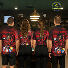 Load image into Gallery viewer, Four people wearing matching red and black sports jerseys with a team logo in a bar setting.